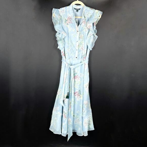 Lauren Ralph Lauren Ruffle Midi Dress Blue Floral Belted Chiffon Sz 12 - Picture 3 of 10